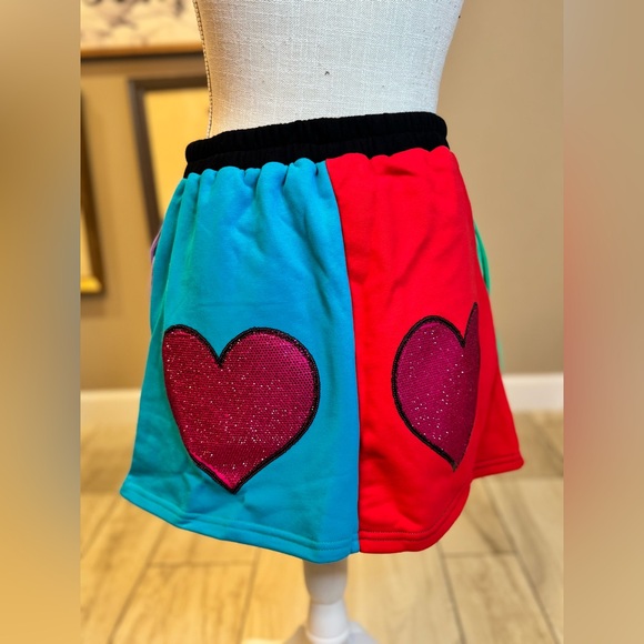 New! QUEEN OF SPARKLES Color Block Rhinestone Heart Skort - Picture 7 of 11